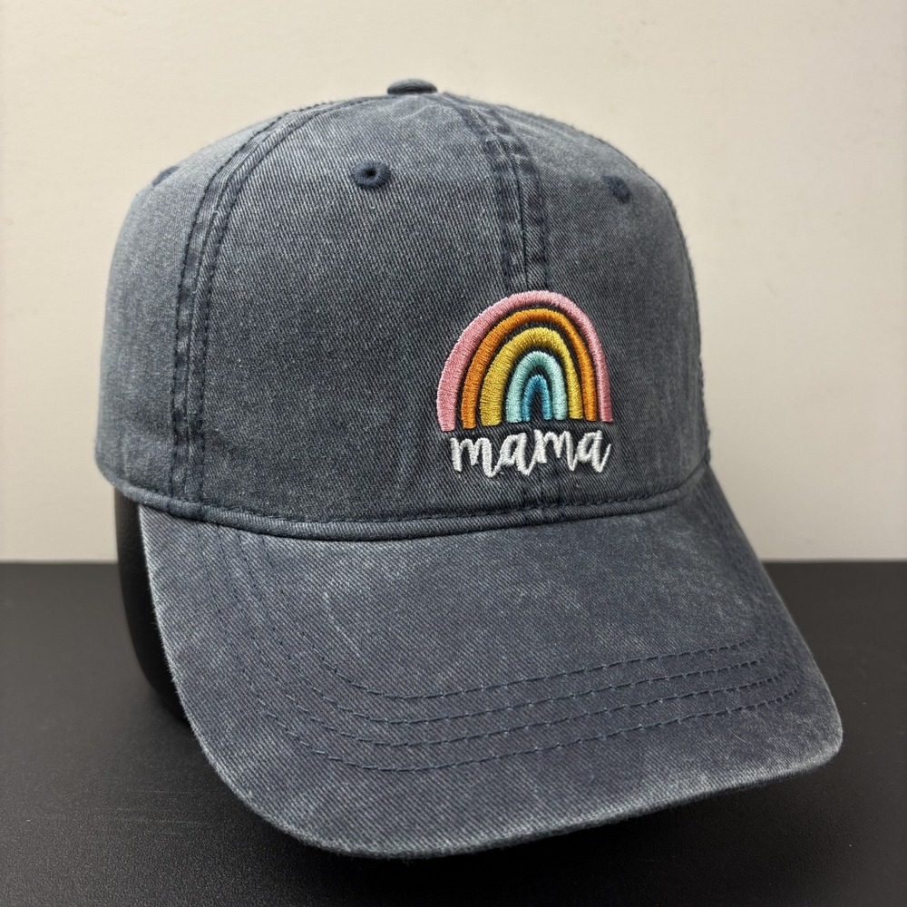 Mama Rainbow Embroidered Washed Charcoal Blue Strapback Dad Hat Adjustable Cap